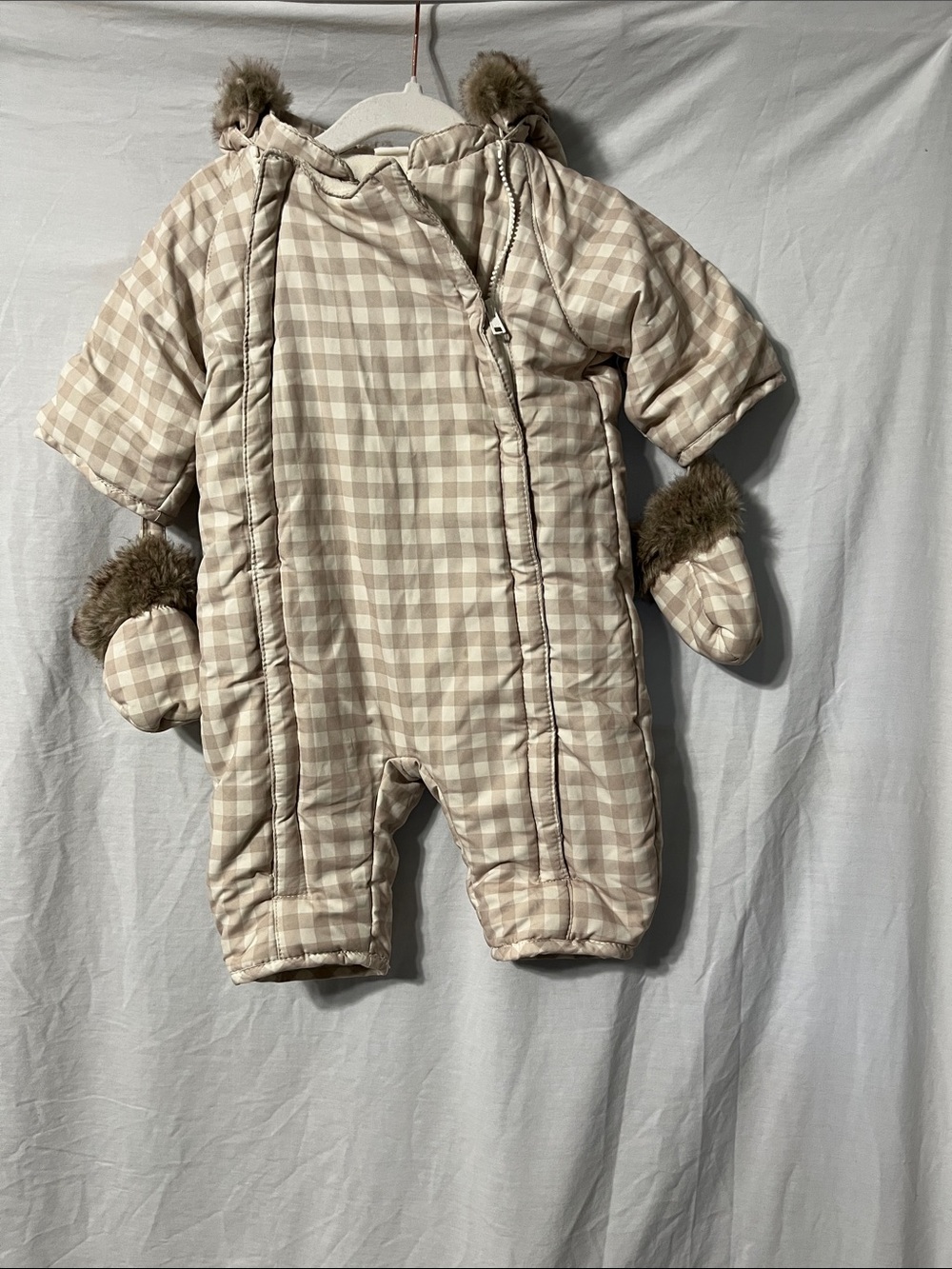 H&M Beige Plaid Infant One-Piece Snowsuit with Faux Fur Trim